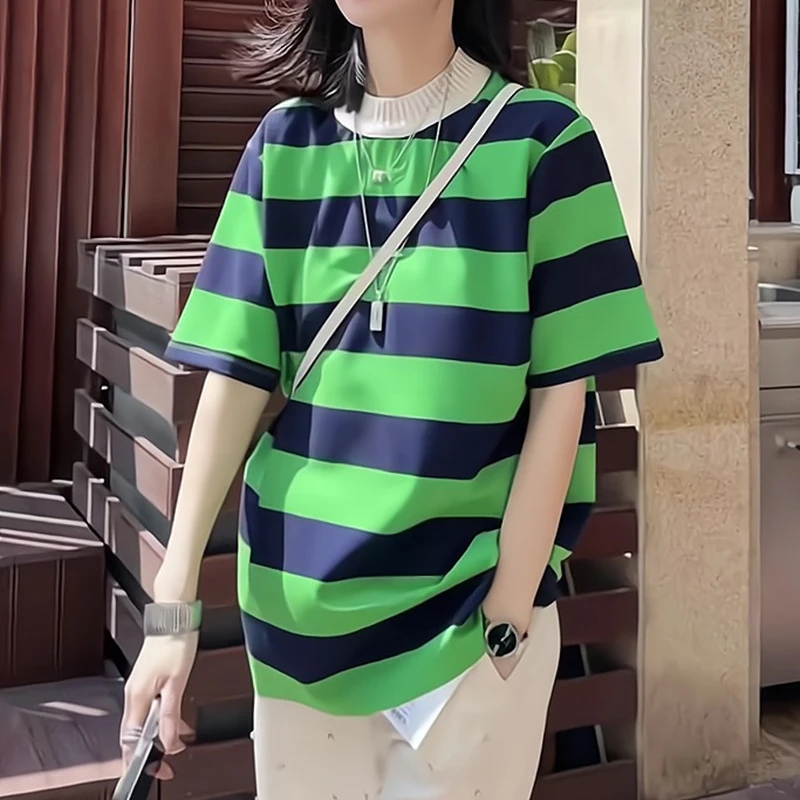 时尚拼接洋气衣服女蓝绿条纹短袖T恤女小众穿搭宽松显瘦中长款潮