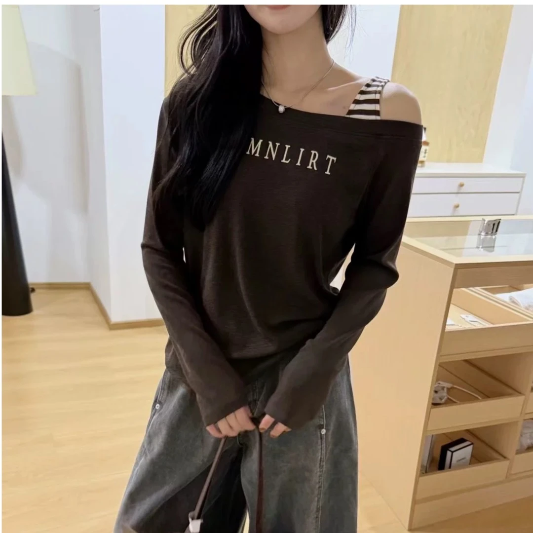 潮流新款流行潮酷穿搭上衣设计感秋季套头斜肩长袖纯欲慵懒风女装