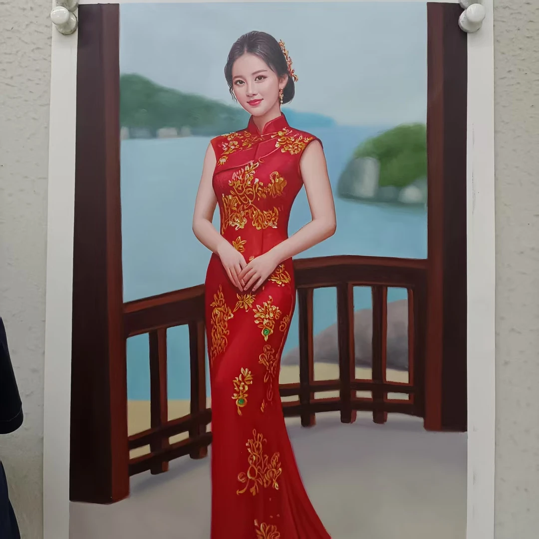 林彦新-***中国新娘 -旗袍-亭子 -约60*90厘米-手绘油画-麻布