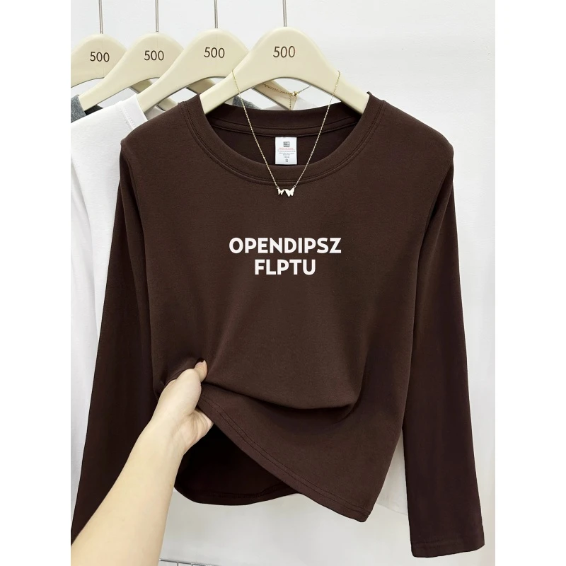 正肩长袖t恤女装2026新款字母印花打底衫胖大码显瘦百搭圆领上衣