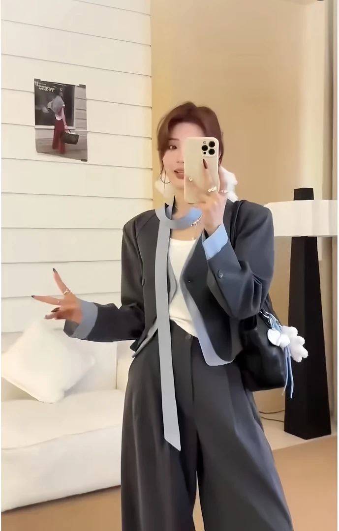 秋季新款时尚洋气小西装外套+高腰阔腿裤两件套套装女
