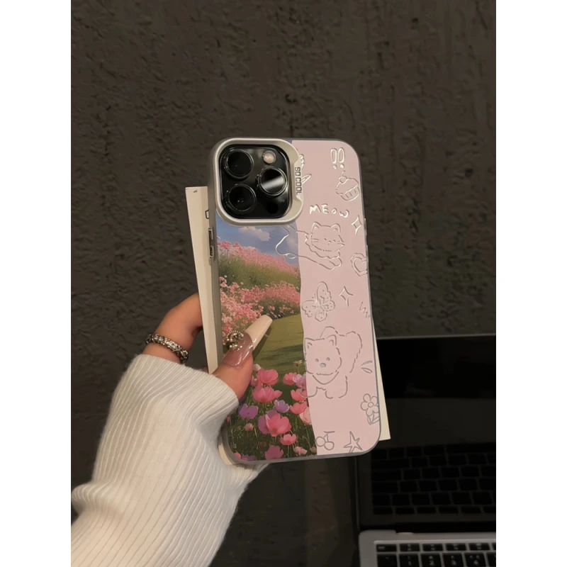 适用苹果16pro磨砂彩银卡通手机壳mate60女华为p花海线条猫咪狗狗