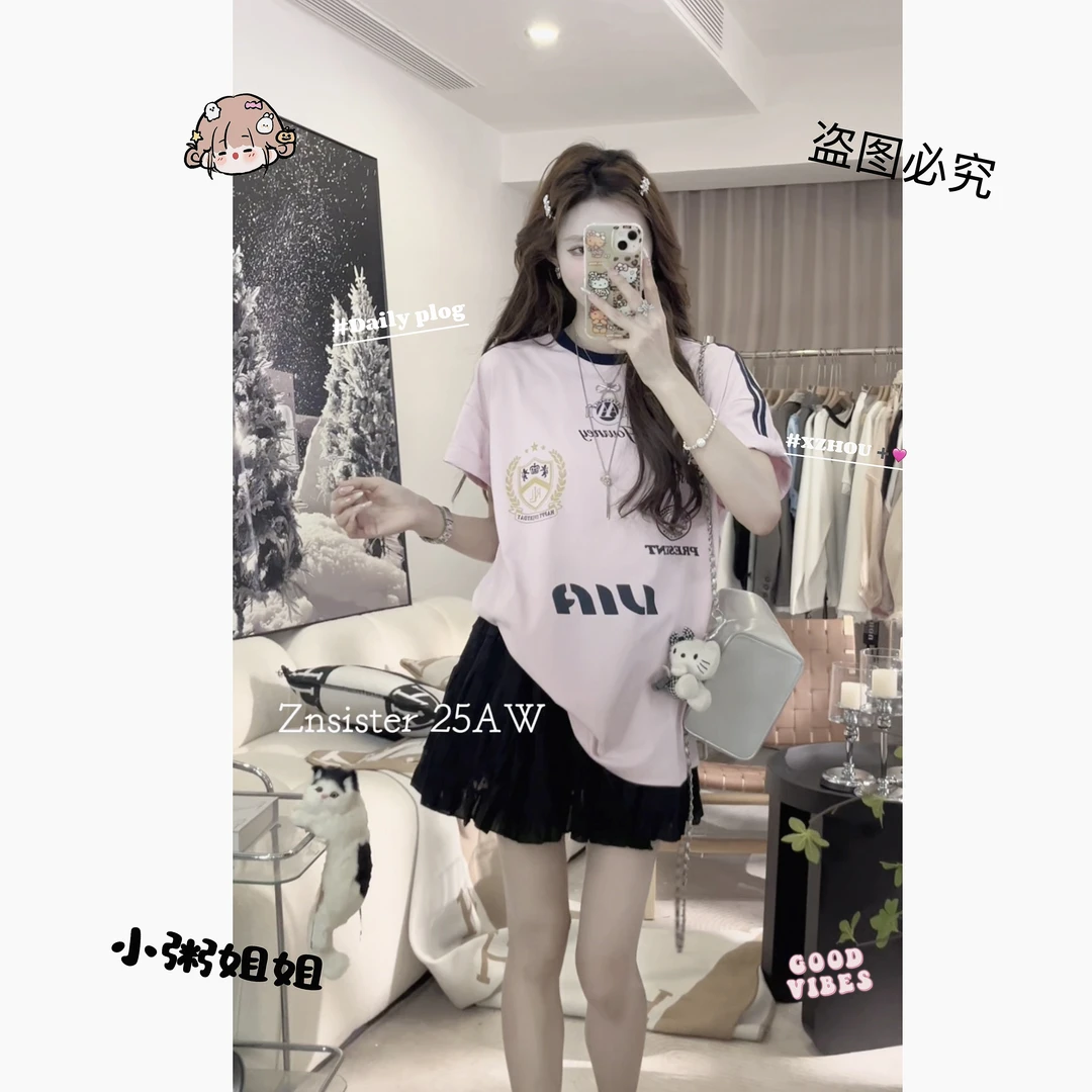 【XZ002】美式印花设计感球衣风短袖+黑色高腰半身裙两件套2025新款