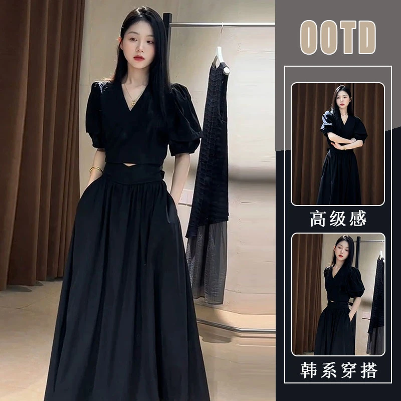 2025夏季新款法式高级感短款泡泡袖V领上衣气质高腰显瘦A字半身裙