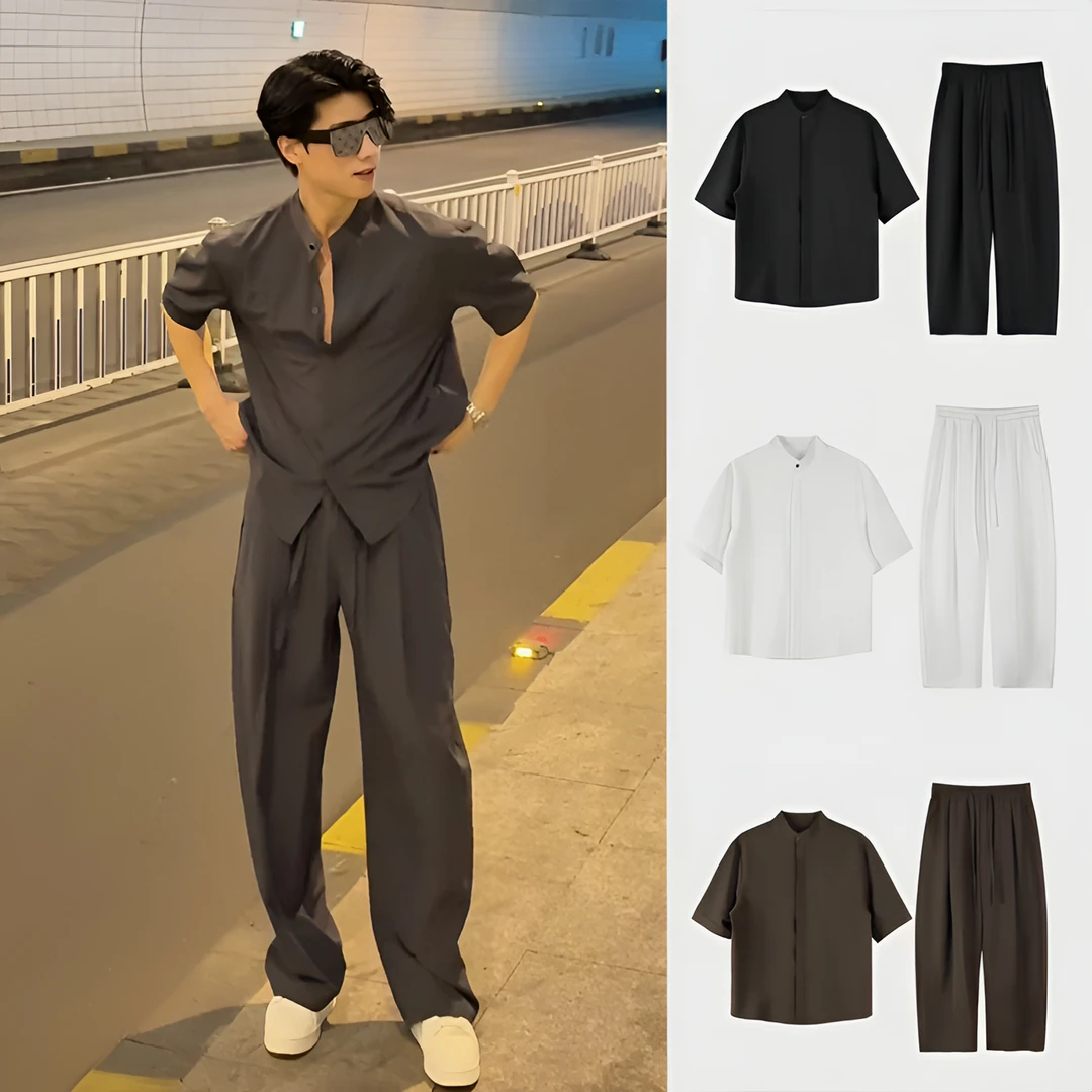 新款男士轻奢痞帅冰丝纯色立领短袖衬衫宽松垂感休闲轻奢痞帅男装