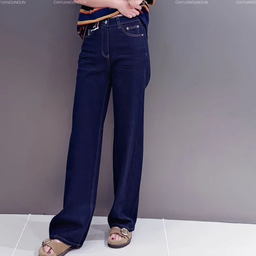 普洗兰色高腰窄版阔腿牛仔裤女秋季新款显瘦直筒拖地长裤