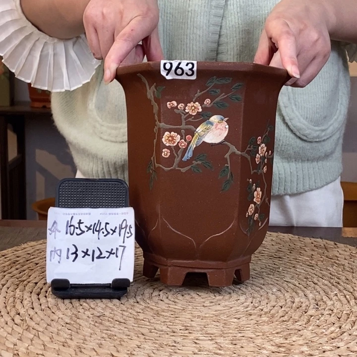 花盆紫砂 特惠紫泥彩绘一路繁花六方963