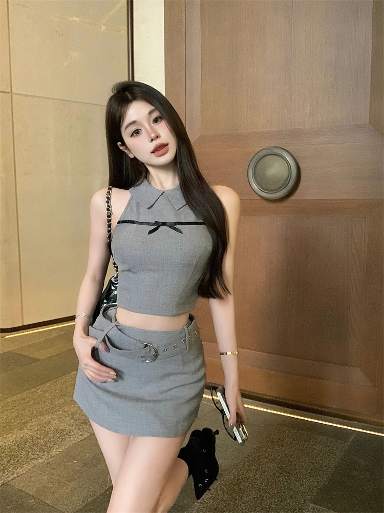 纯欲少女甜辣套装女设计感翻领修身短款挖肩上衣高腰百搭包臀短裙