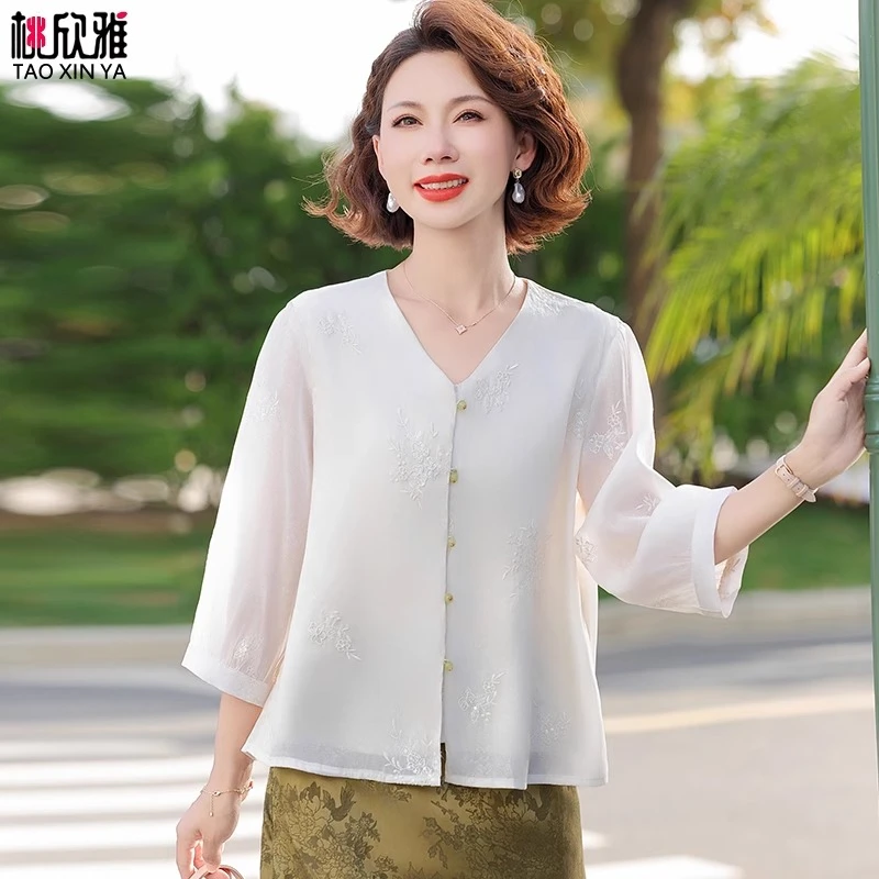 中年妈妈夏装七分袖t恤小衫套装2025新款中老年时尚女装高贵上衣