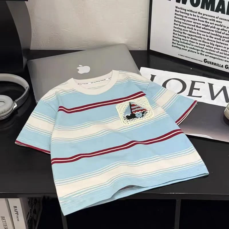 新款纯棉儿童短袖T恤条纹亲子装时尚潮流百搭100棉