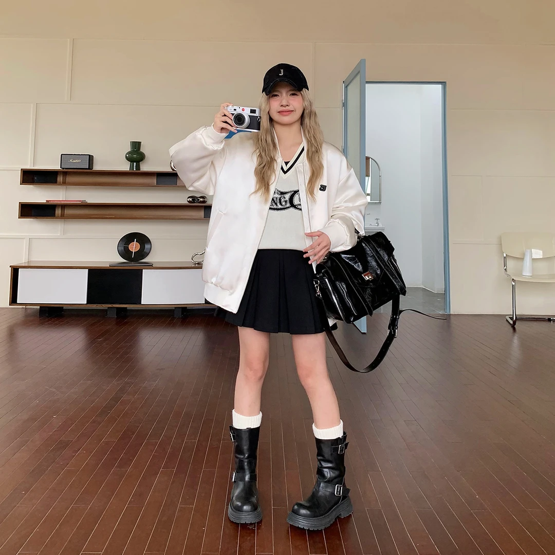 晶咕白标~美式联盟~飞行员夹克棒球服外套机车风德绒外套短款复古