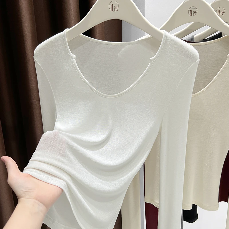 基础款针织面膜t恤女春秋款长袖内搭小个子轻薄修身高级感v领上衣