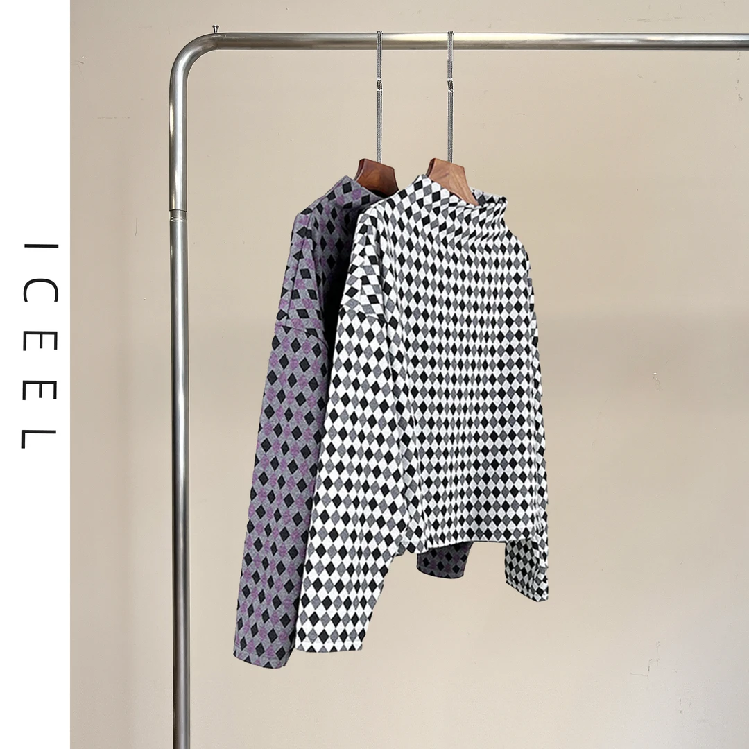 原创春秋新款时尚宽松显瘦加厚套头卫衣女菱格印花半高领长袖上衣