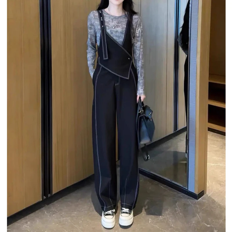 早春扎染薄防上衣+重工设计师双肩带酷飒风纯色显瘦连体裤套装潮