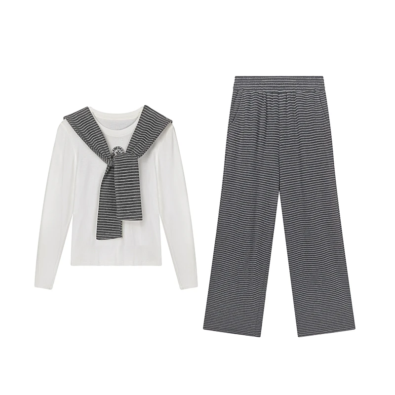 Larmoli2211韩系简约百搭法式气长袖T恤(配披肩)+裤子两件套套装