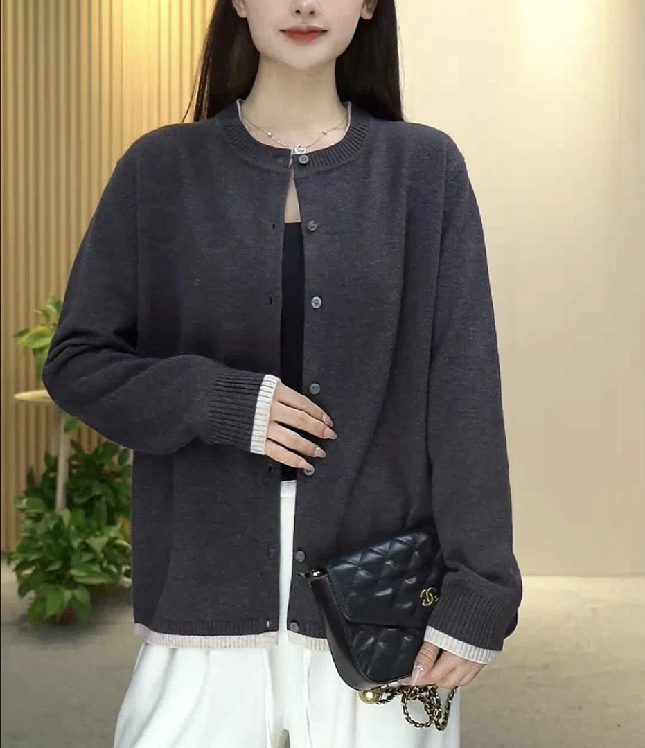 【YZY】春秋新款小香风层次双领假两件气质百搭宽松针织女羊毛开衫