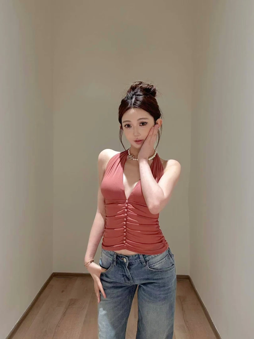 Yucii 粉色挂脖小吊带背心女夏季外穿内搭辣妹小众网纱上衣
