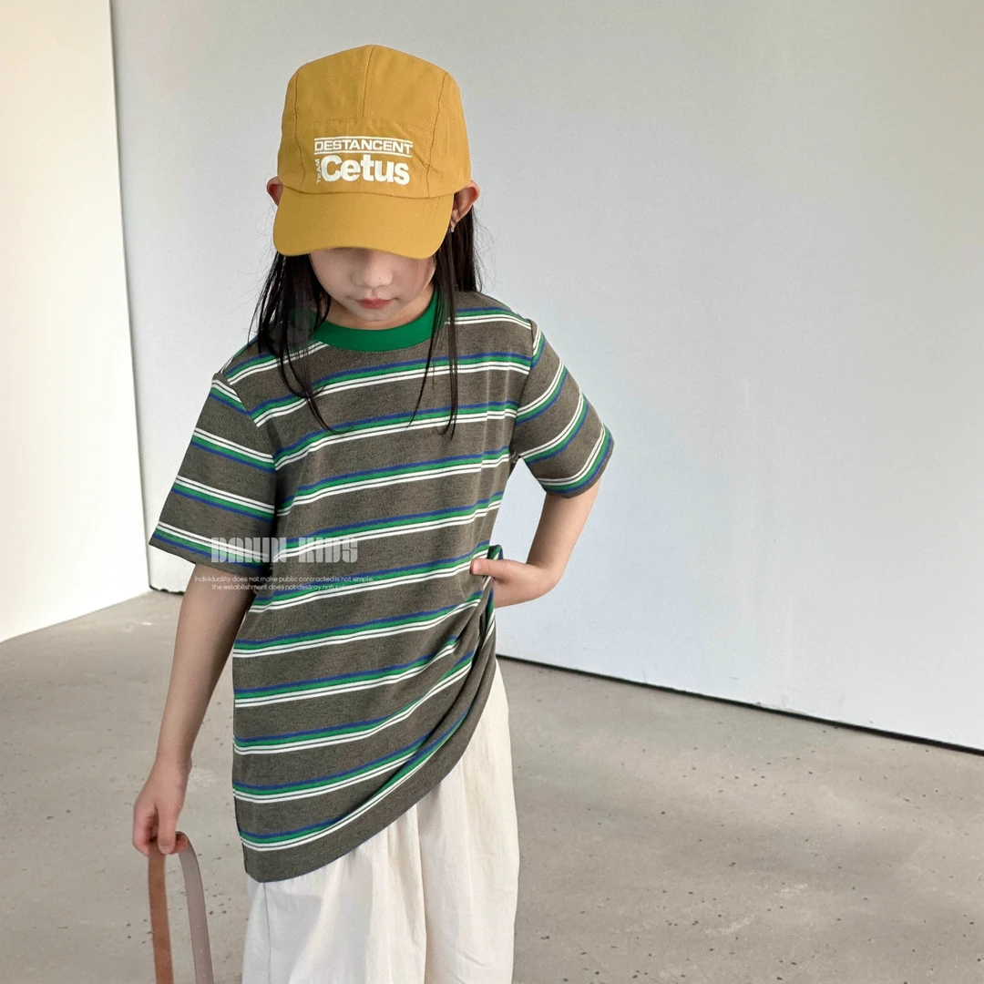 【嗒囜】原纱肌理感~彩条棉 儿童服装女童夏装新款宽松条纹短袖T恤