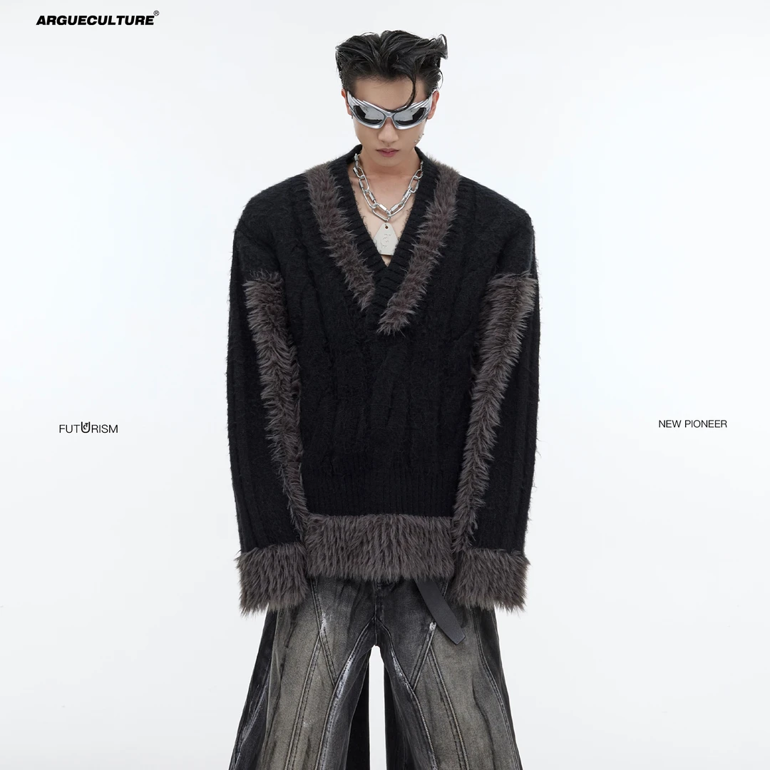 ArguECulturE毛绒拼接针织衫v领宽松毛衣撞色简约潮流设计感毛衫