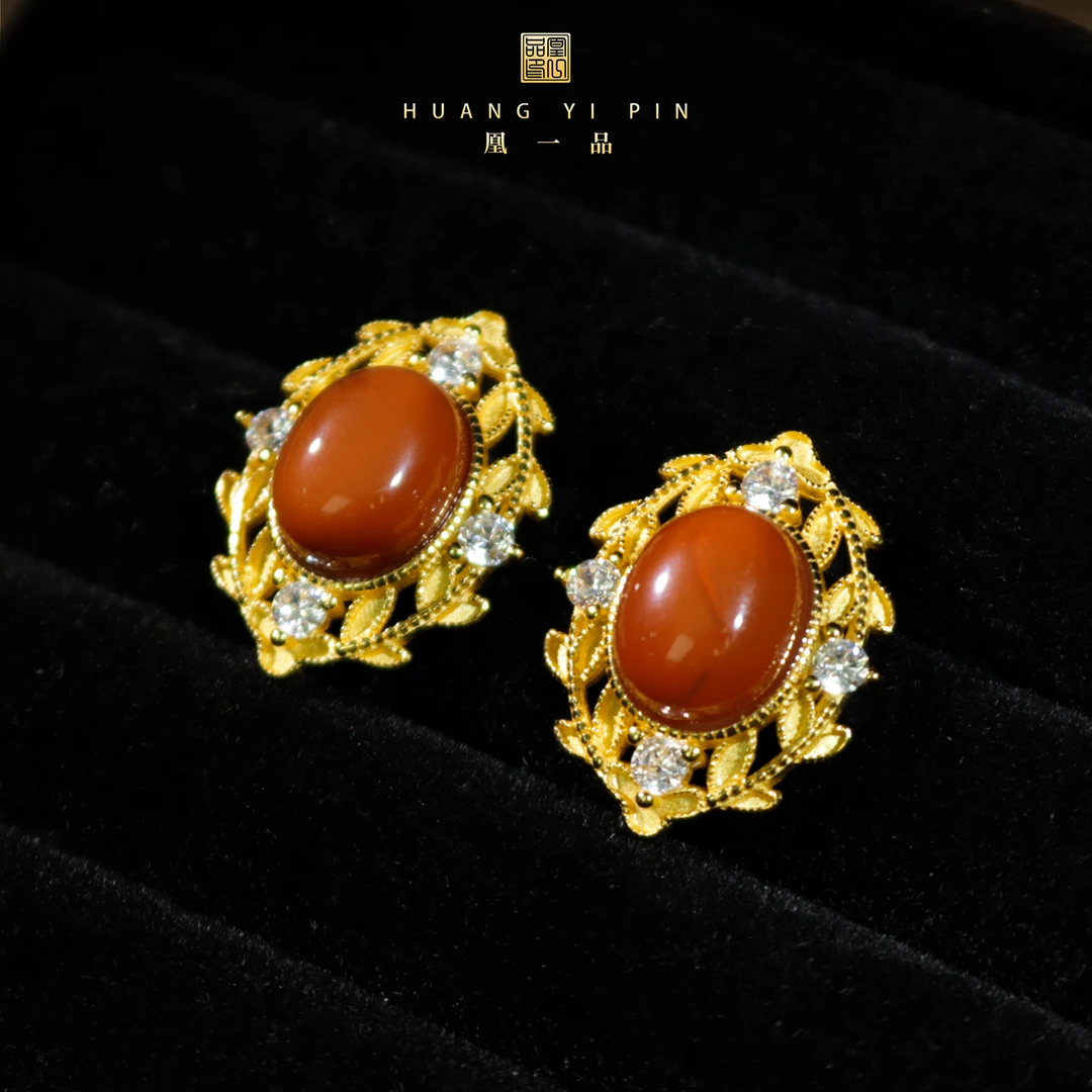 【凰一品】 花边南红耳钉s925