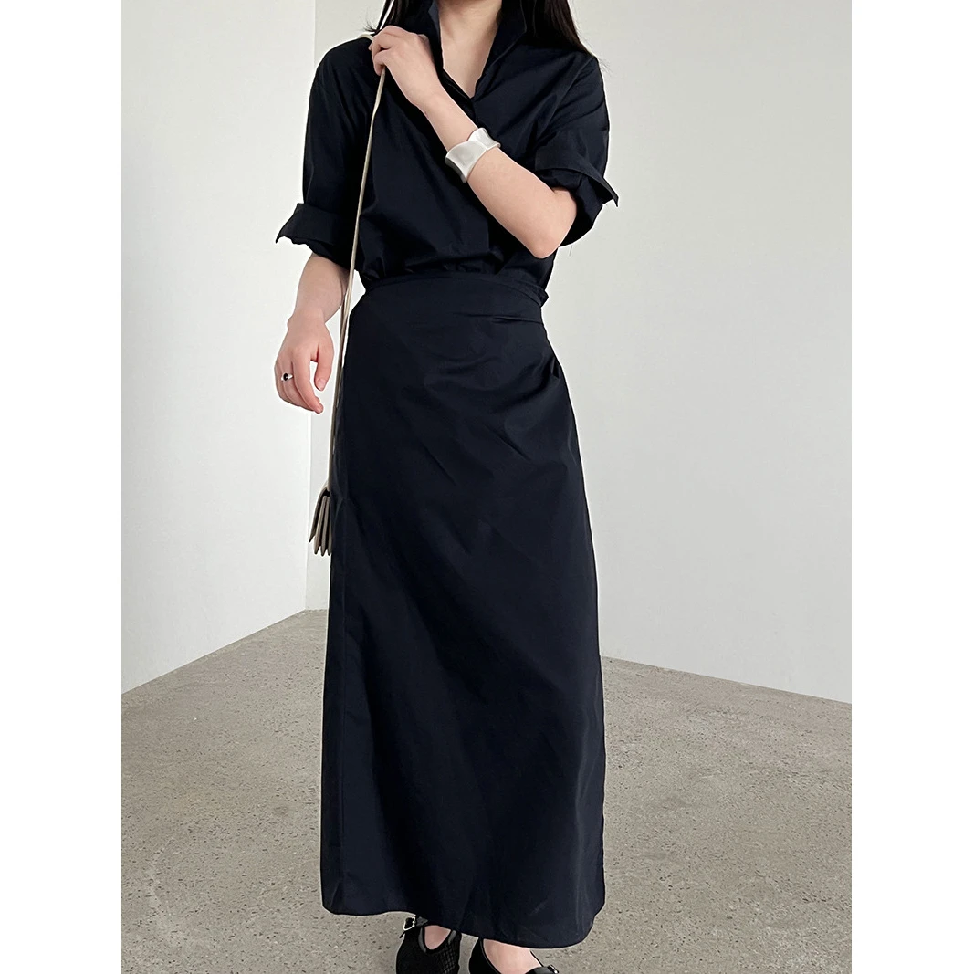 韩版设计感系带V领收腰连衣裙女2025夏季新款显瘦衬衫长裙子