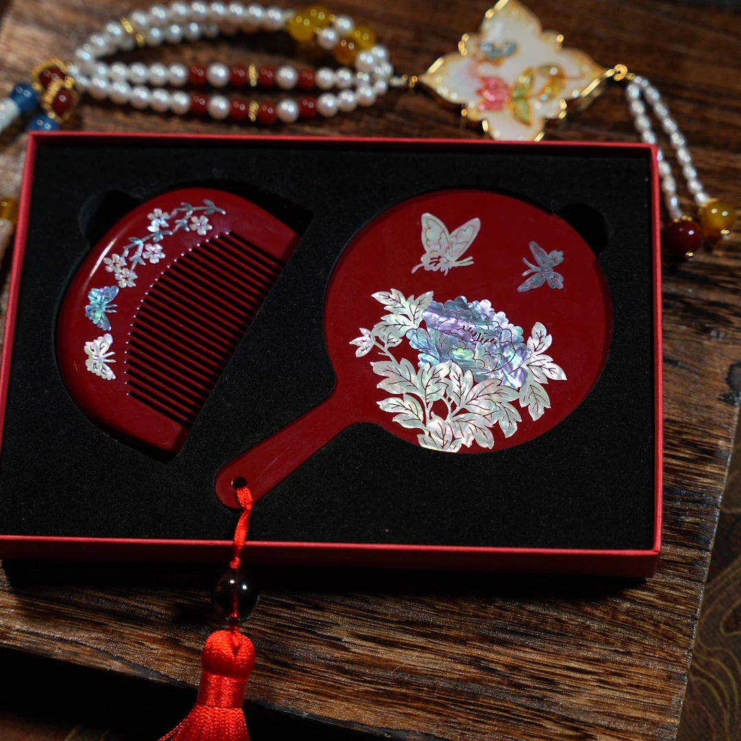 螺钿漆器工艺梳妆镜子套装家用实木送人收礼