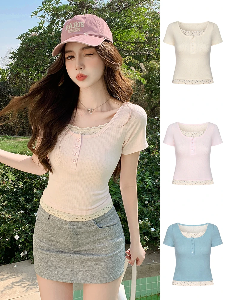 醉梓菡假两件蕾丝U领短袖T恤女春秋夏季修身小碎花纽扣外穿上衣