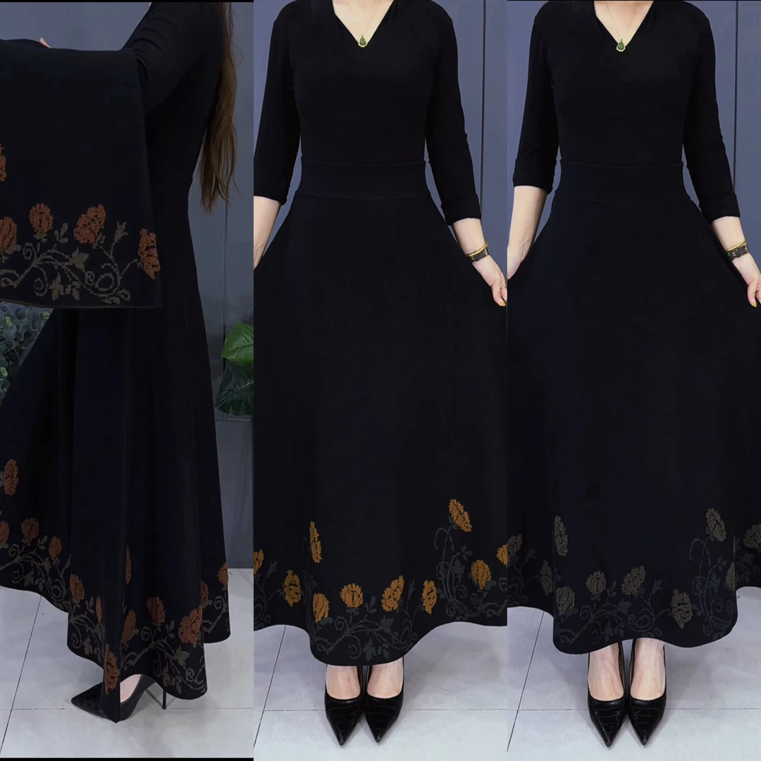 9652-1#秋冬新款凹凸提花时尚百搭洋气女士半身裙大摆裙