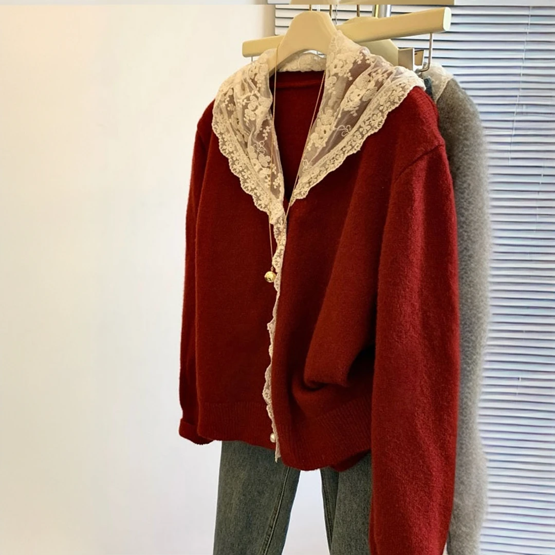 冬季新年穿搭蕾丝拼接连帽衫红色毛衣外套慵懒风宽松软糯针织开衫