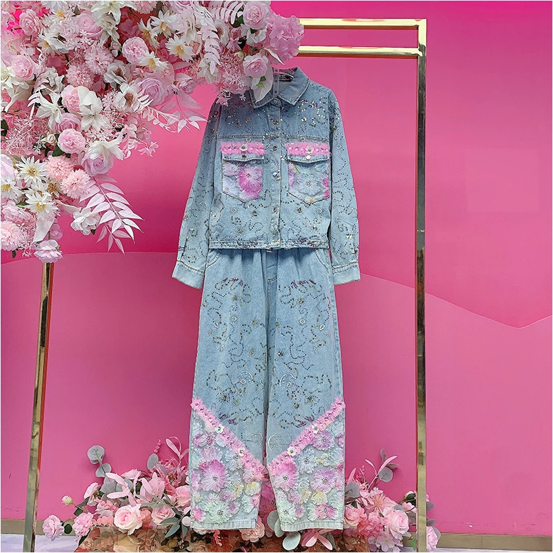 A3732欧美设计师2025秋季新款重工钉钻刺绣立体花朵拼纱牛仔套装