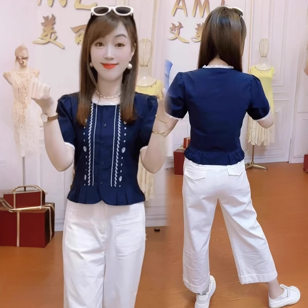 时尚设计感刺绣短袖衬衫女2025夏季新款洋气显瘦简约百搭小衫上衣