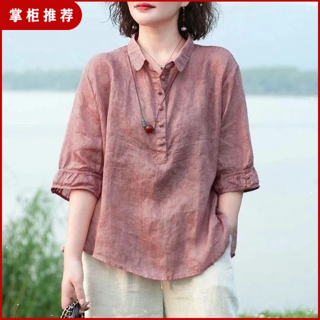 春夏季新款五分袖翻领显瘦休闲上衣薄款百搭复古纯色中袖小衫衬衫