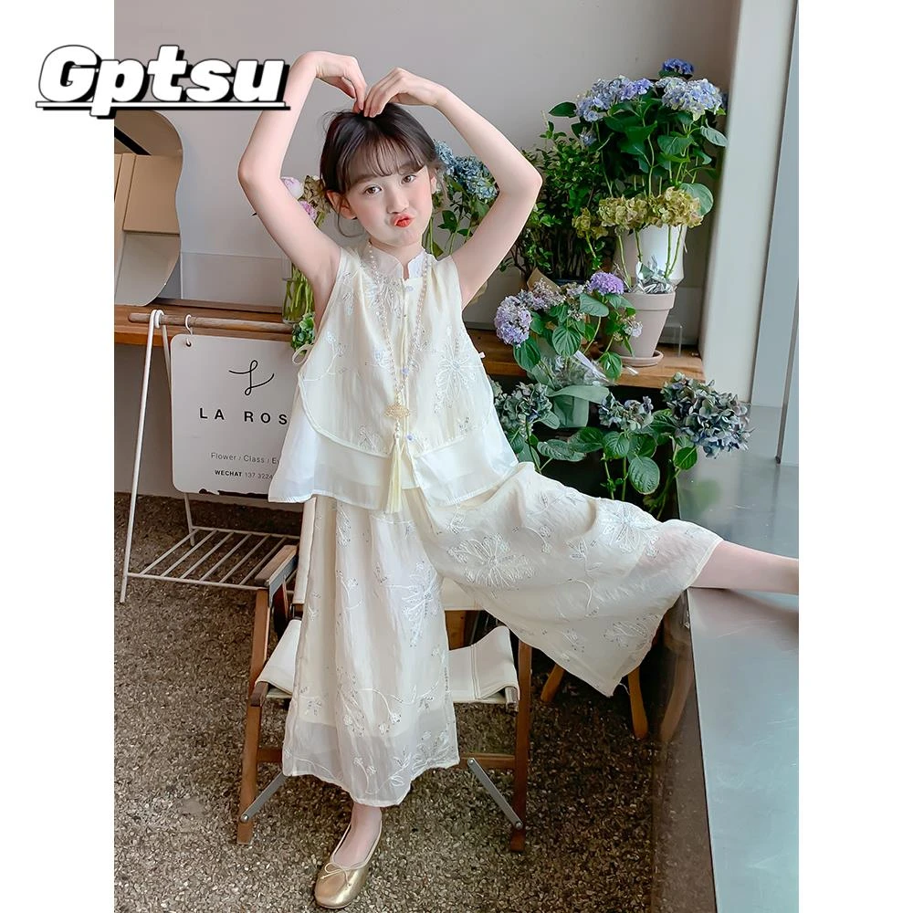 GPTSu女童装套装2025新款儿童洋气国风背心夏季阔腿裤汉服两件套