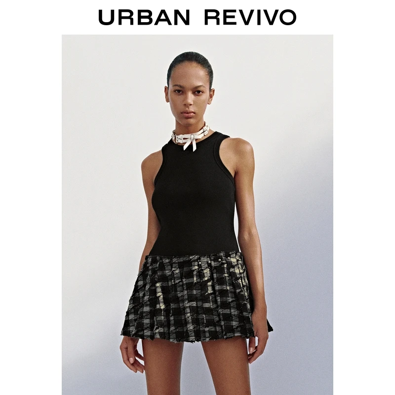 UR2025秋季新款女装休闲拼接格纹毛须无袖连衣裙UYV750071