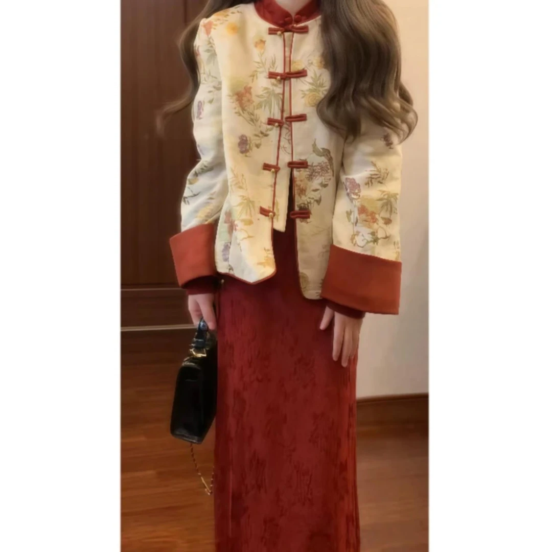 新中国风民族风格套装秋冬高端花扣棉袄红色旗袍连衣裙两件套