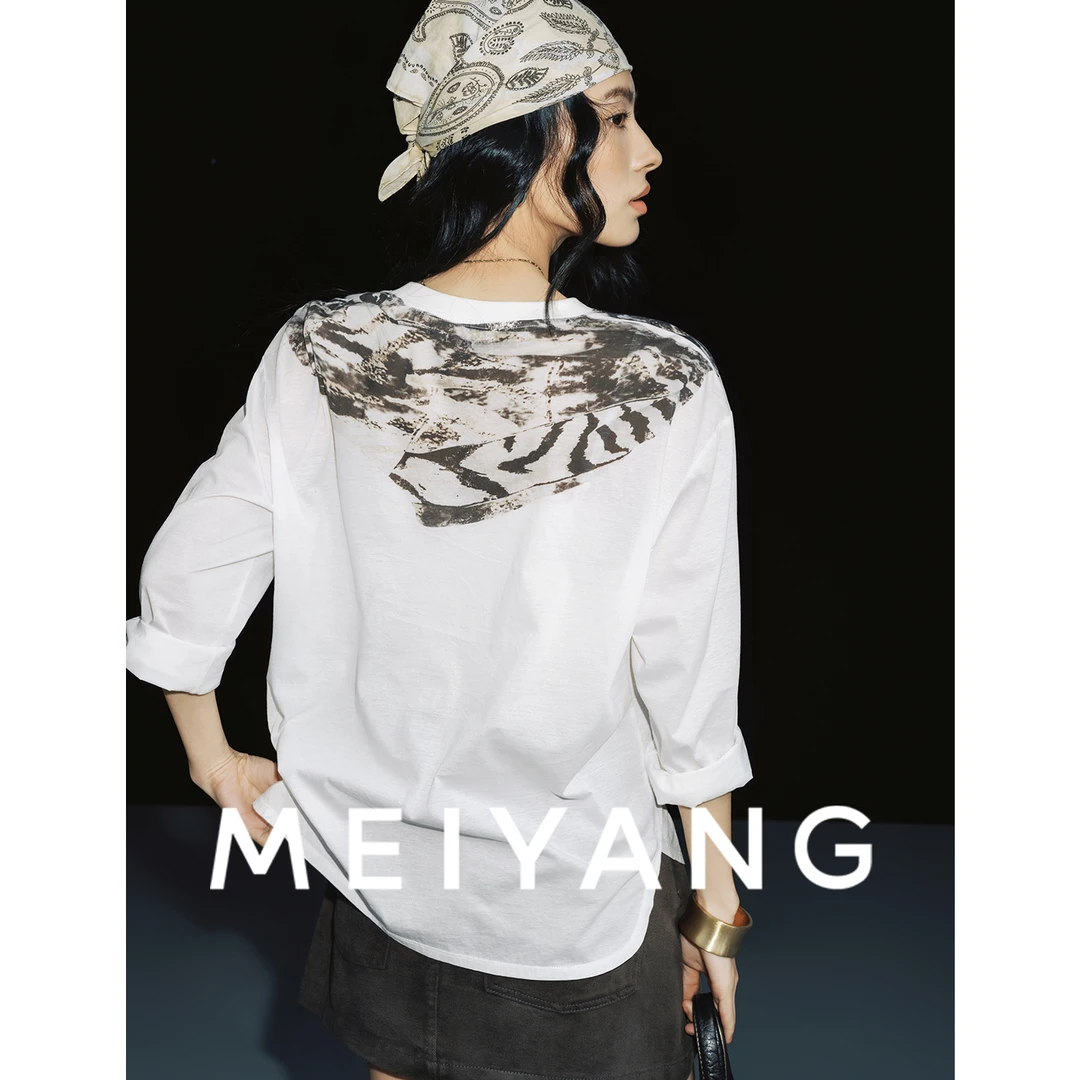美洋MEIYANG 披肩T二号 宣纸肌理假两件印花宽松圆领长袖-周四