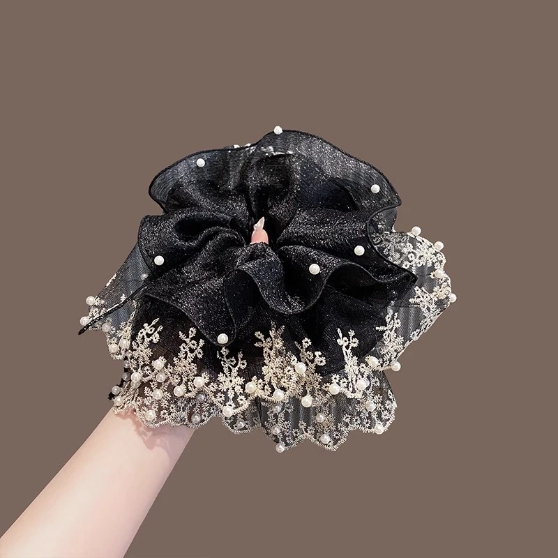 超仙法式优雅温柔感珠珠花边大肠发圈时尚百搭后脑勺扎发高弹头饰