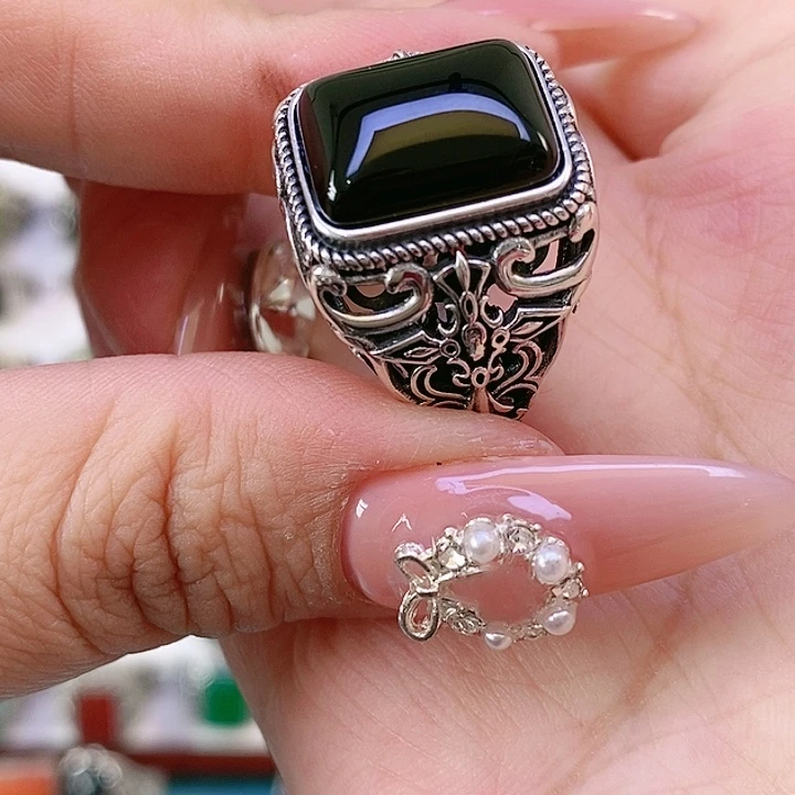 银S925镶嵌戒指玛瑙/玉髓大****哥