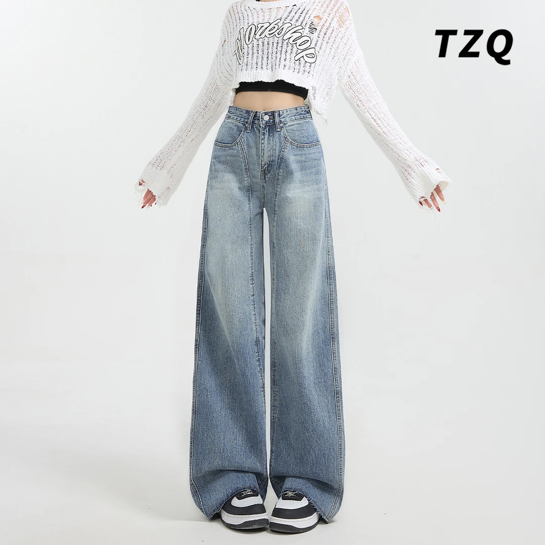 高腰阔腿牛仔裤女夏季新款小个子复古设计感宽松直筒裤TZQ121739