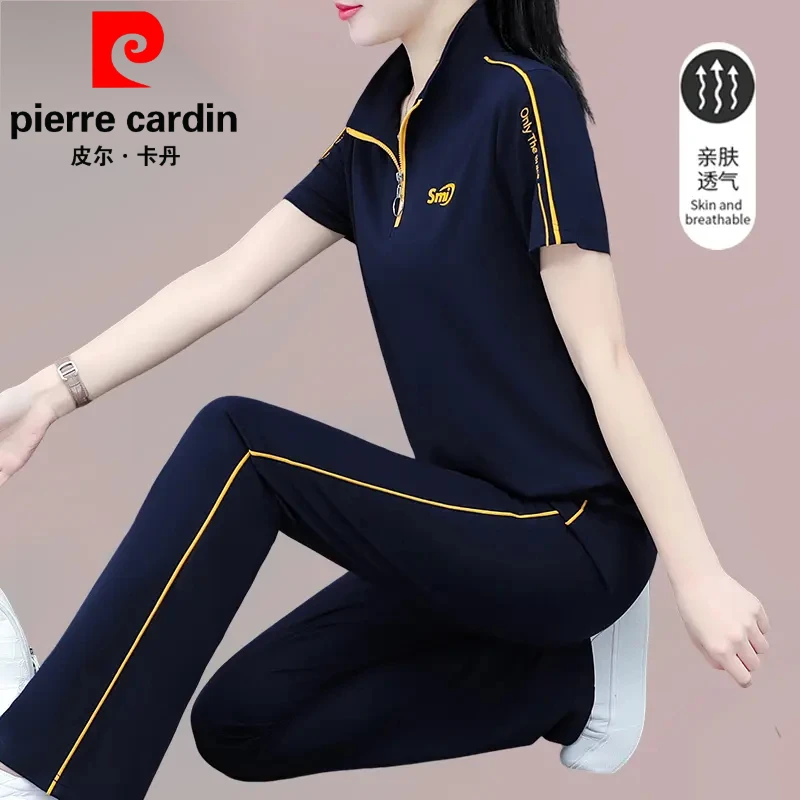 皮尔卡丹休闲大码运动套装女夏季新款亲肤妈妈冰丝短袖长裤两件套