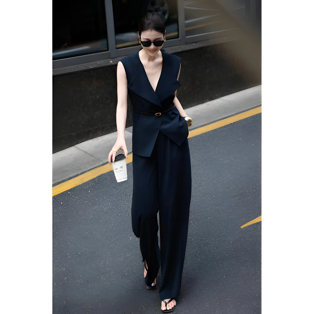 KIKI严选：480280-小林家欧货南油无袖V领马甲长裤轻奢两件套装