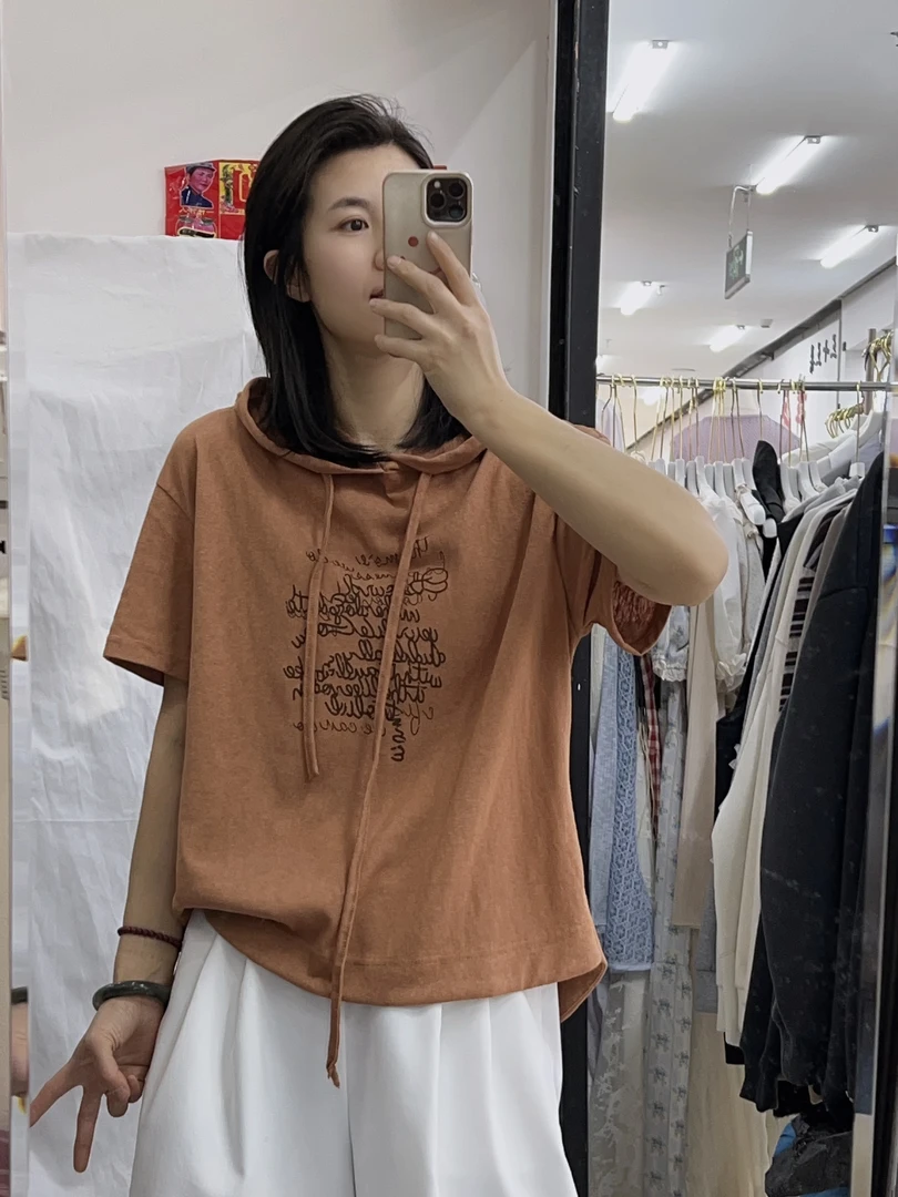 （漫天星辰）夏季新款女装连帽短袖宽松休闲雪花亚麻棉短款上衣