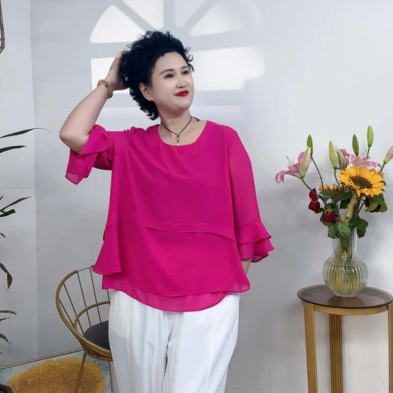 休闲风夏季常规拼接荷叶袖套头百搭显瘦纯色气质大码洋气遮肚子