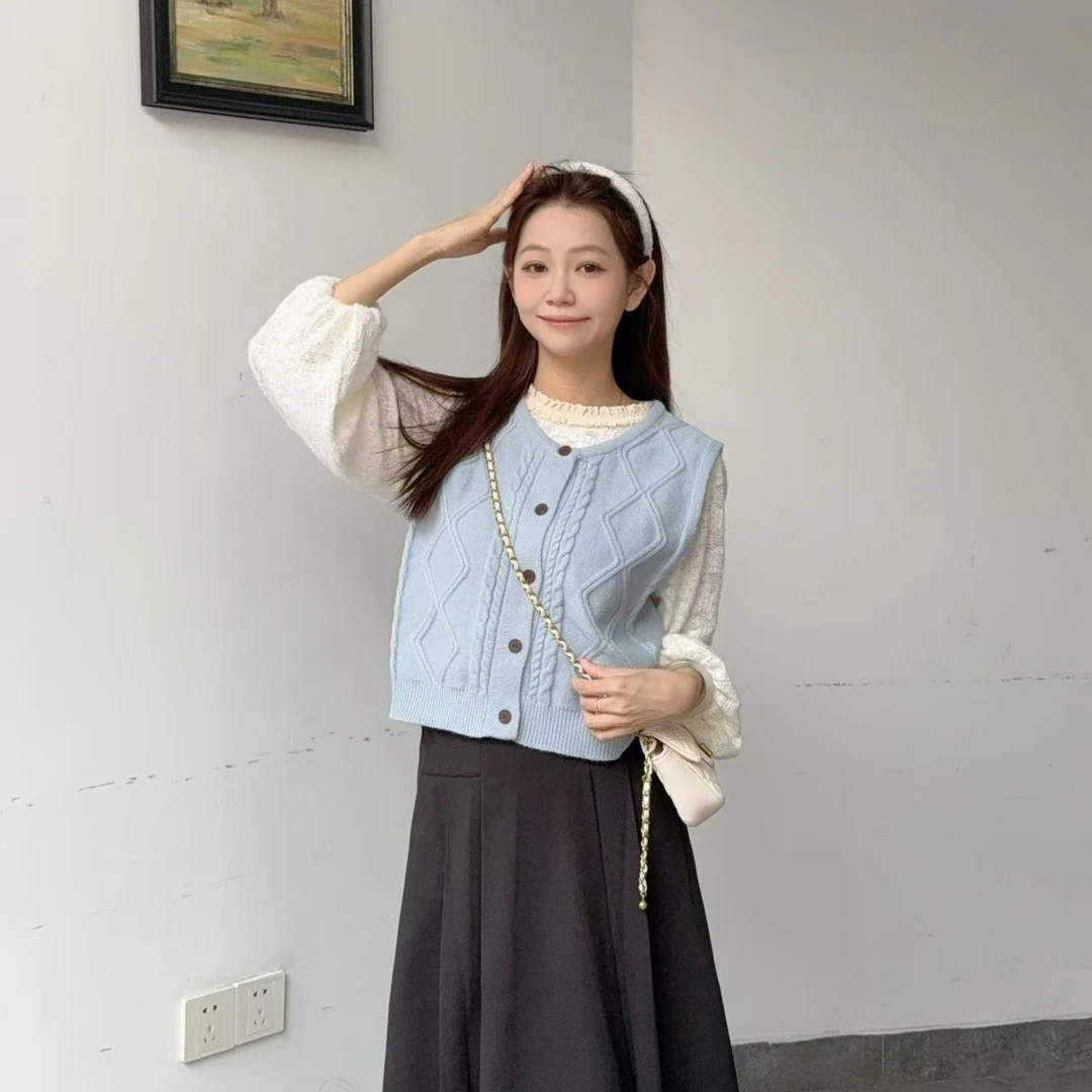 春季新款法式针织宽松百搭镂空长袖圆领两件套-3721