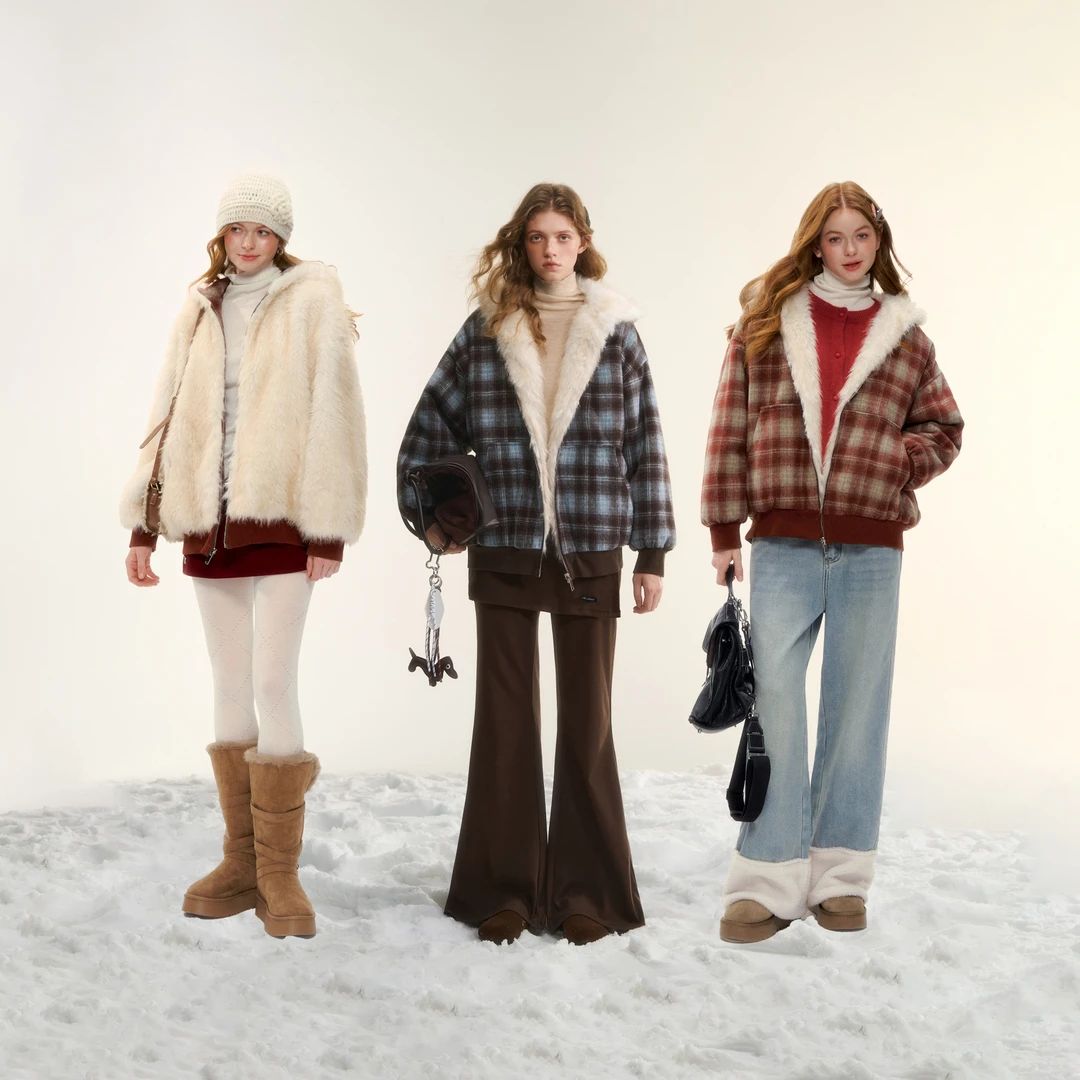 AsGony 复古两面穿格纹毛绒外套女冬季气质宽松百搭加厚保暖棉服