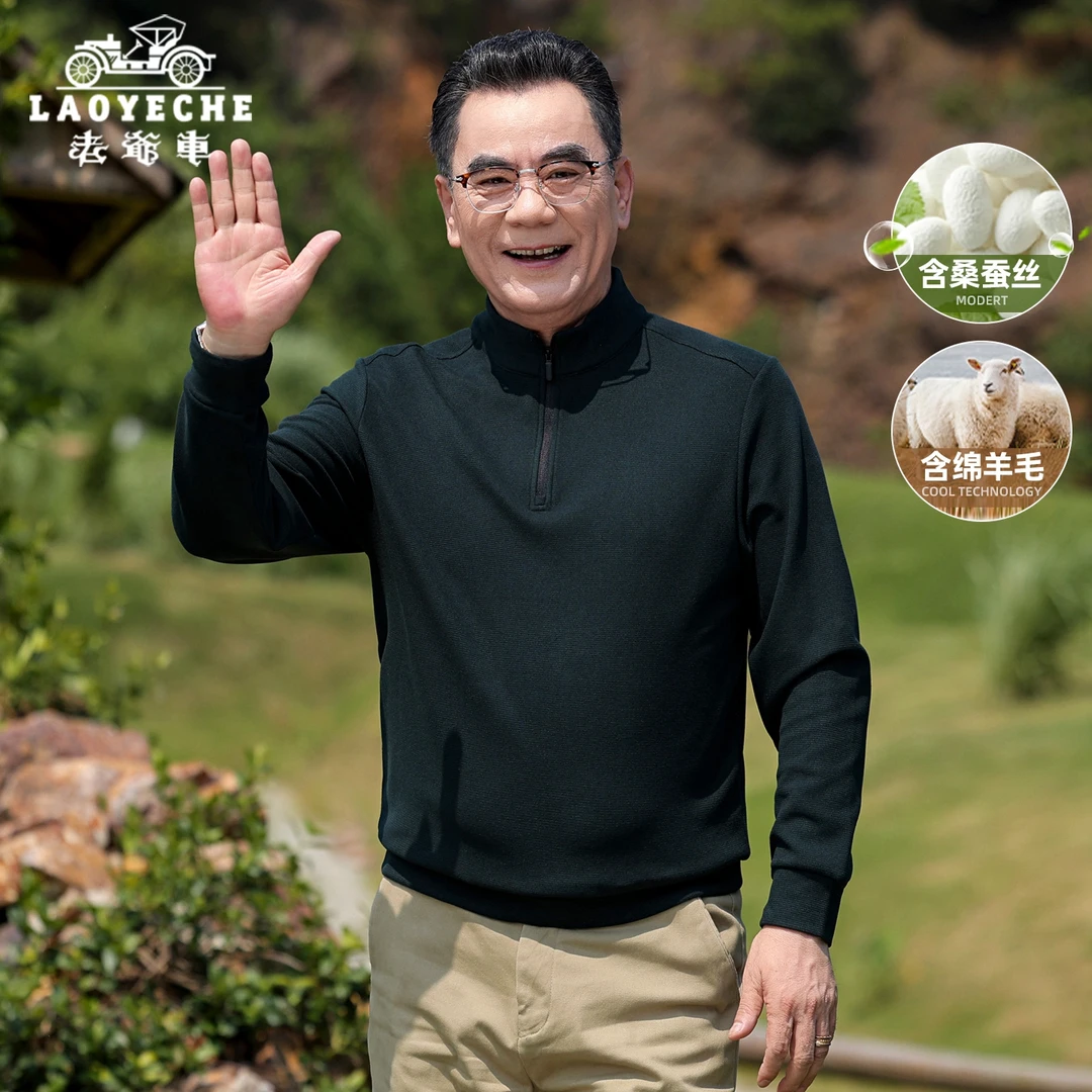 老爷车中老年长袖纯色卫衣爸爸装2025秋季新款男休闲立领宽松上衣