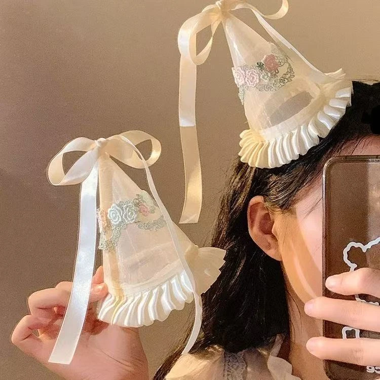 奶油少女生日帽刺绣女蝴蝶结飘带拍照头箍公主风可爱甜美拍照头饰