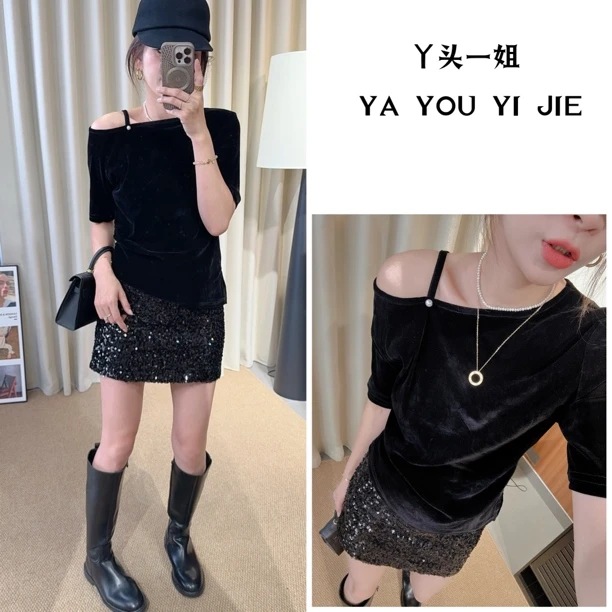 【 丫头一姐精选 】春秋装新款金丝绒露肩上衣显瘦设计感百搭短袖