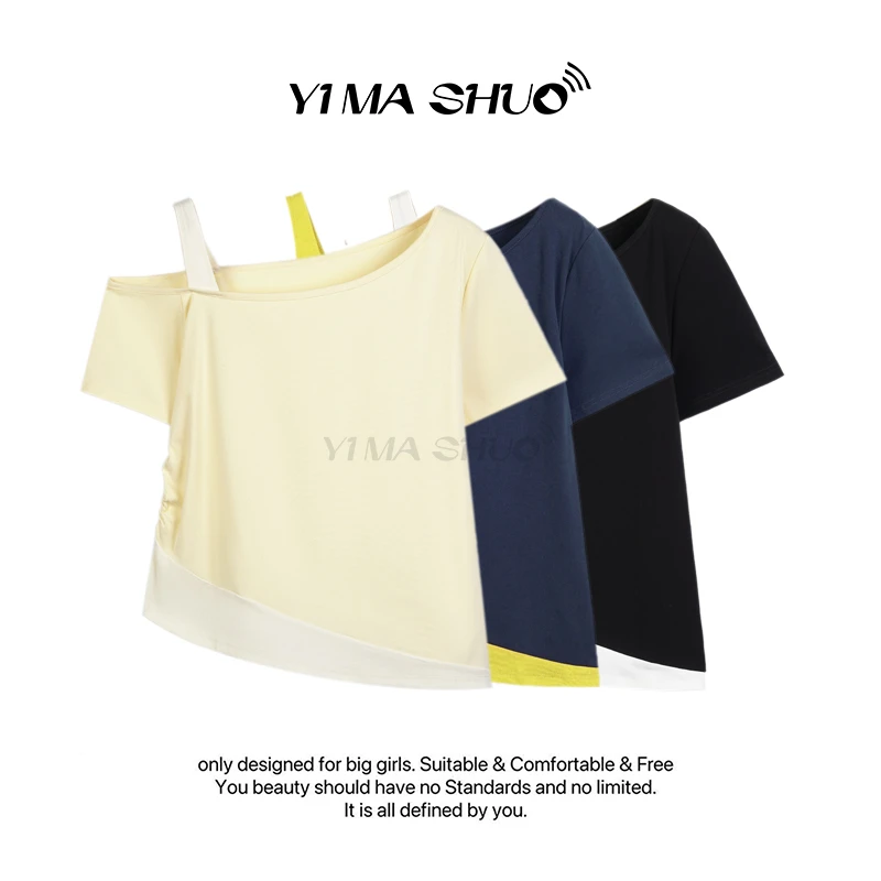 【伊妈说大码女装】新款大码女时尚设计感拼色假两件露肩短袖上衣