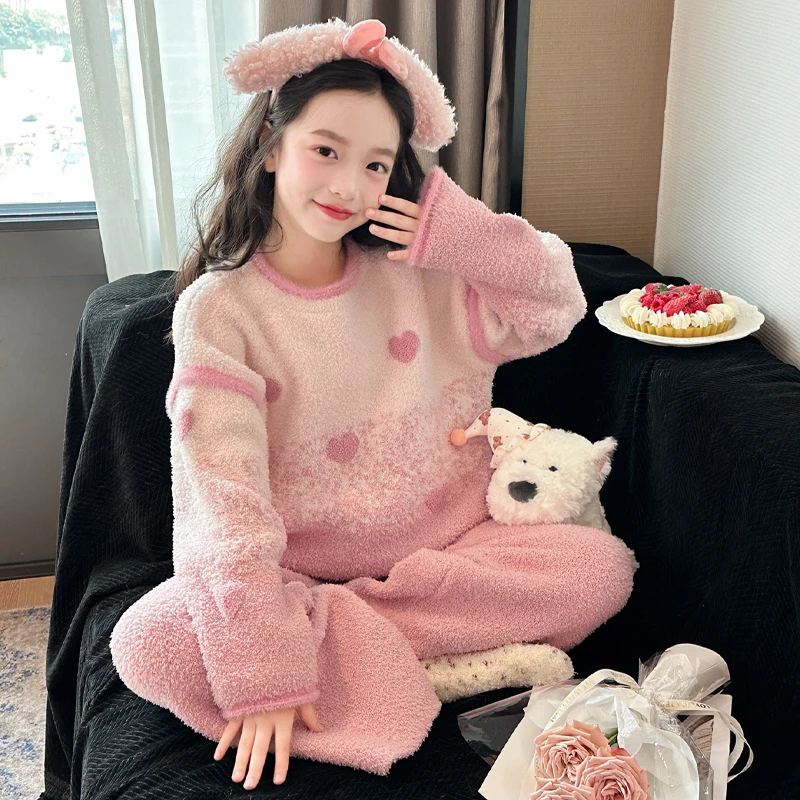 儿童半边绒睡衣女童秋冬季加厚保暖套装女孩爱心甜美软绵绵家居服